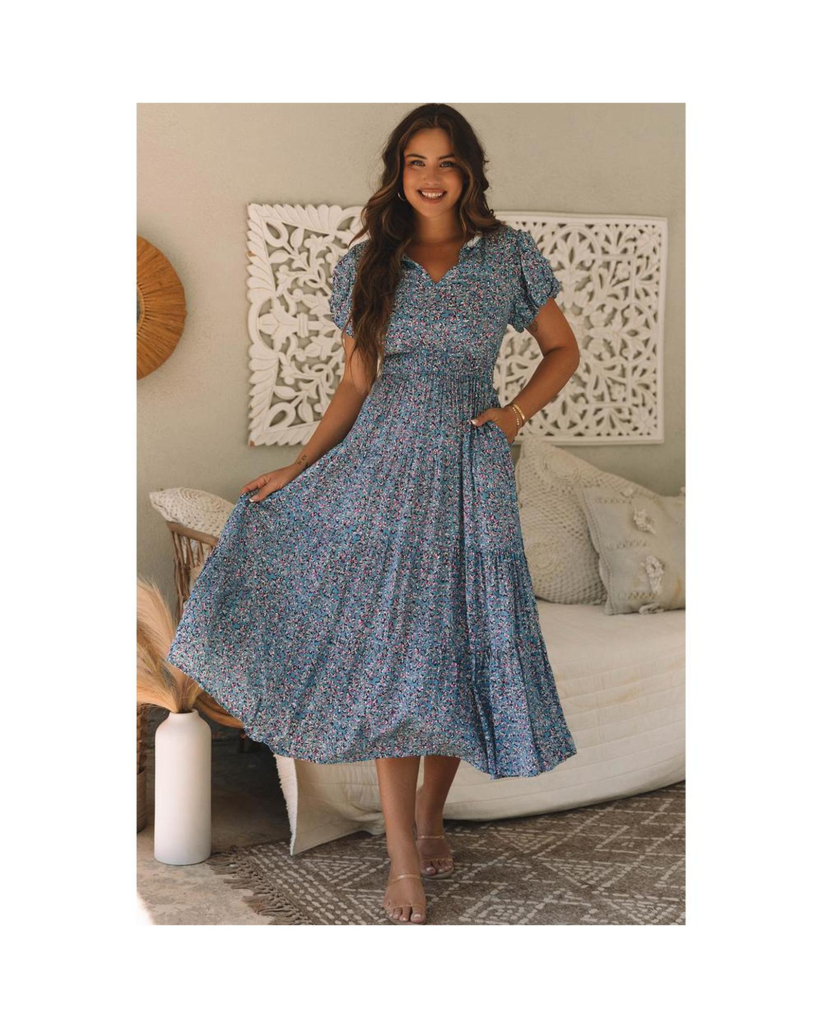 Azura Exchange Floral Print V-Neck Short Sleeve Midi Dress with Pockets Women - Picture 14 of 36
