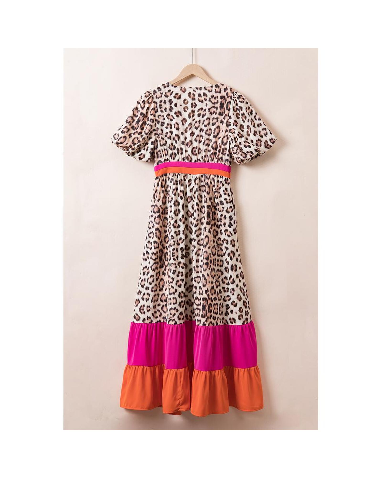 Azura Exchange Bright Pink Leopard Colorblock Patchwork Bubble Sleeve Maxi Dress - Picture 34 of 44
