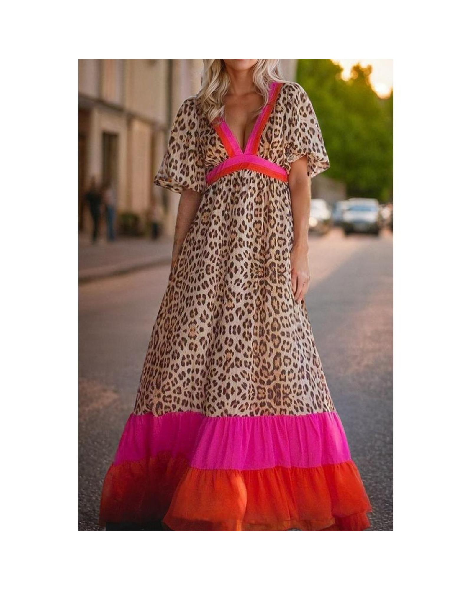 Azura Exchange Bright Pink Leopard Colorblock Patchwork Bubble Sleeve Maxi Dress - Picture 26 of 44