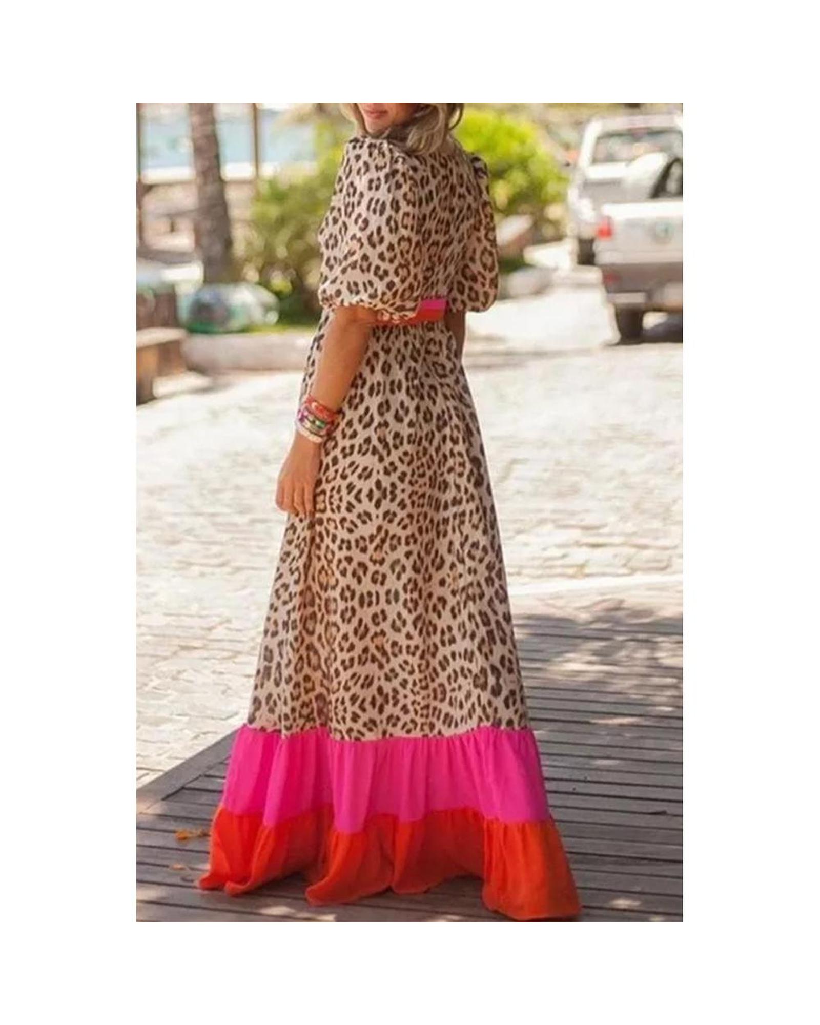Azura Exchange Bright Pink Leopard Colorblock Patchwork Bubble Sleeve Maxi Dress - Picture 28 of 44