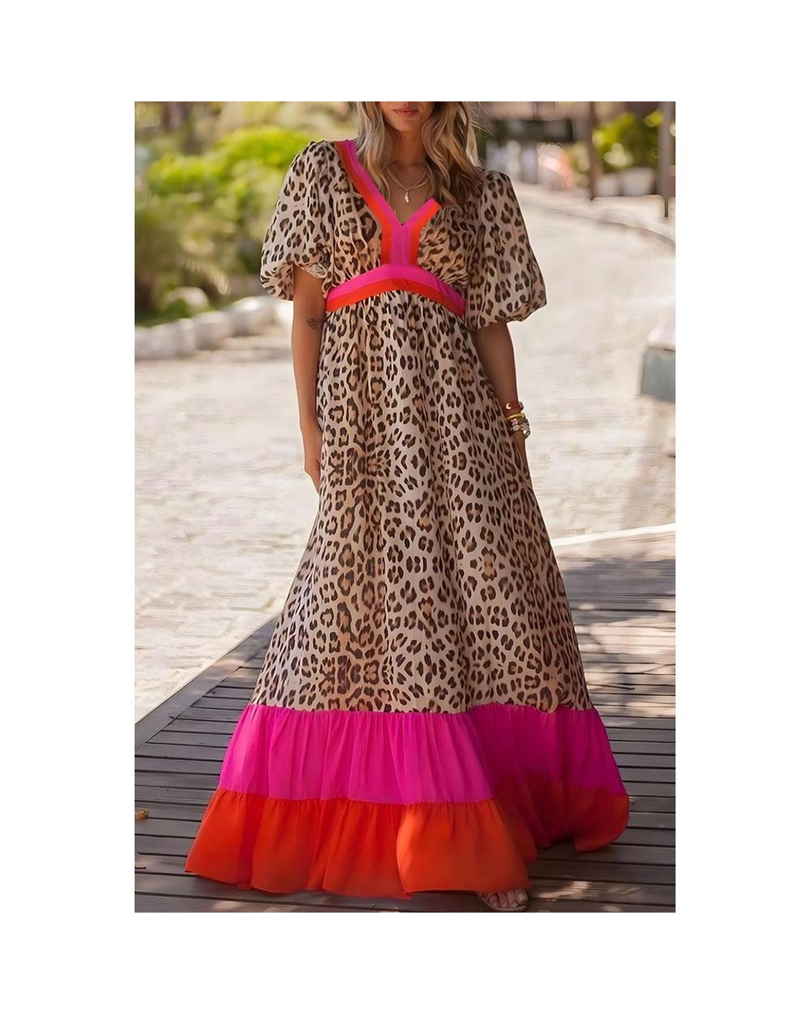Azura Exchange Bright Pink Leopard Colorblock Patchwork Bubble Sleeve Maxi Dress - Picture 35 of 44