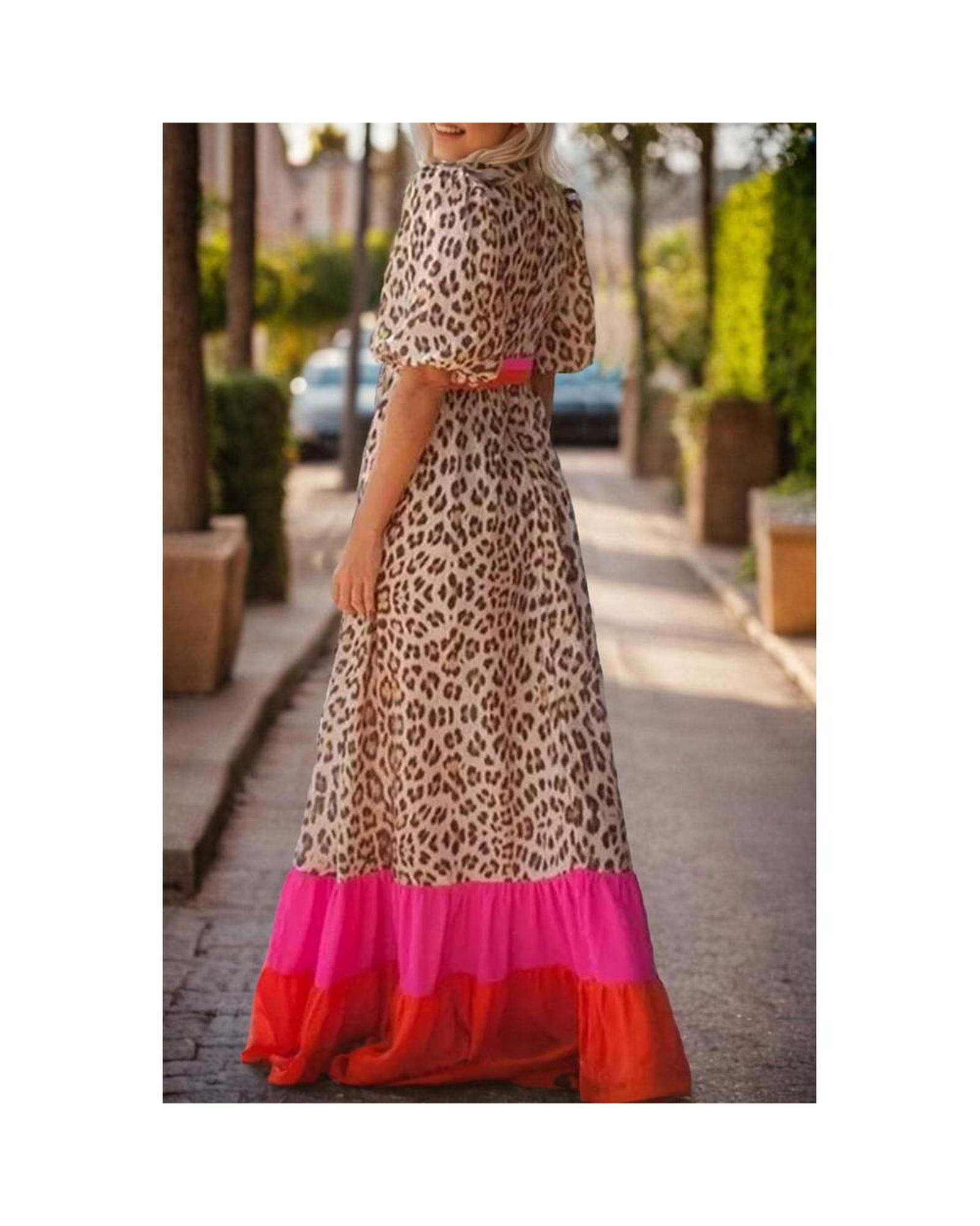 Azura Exchange Bright Pink Leopard Colorblock Patchwork Bubble Sleeve Maxi Dress - Picture 37 of 44