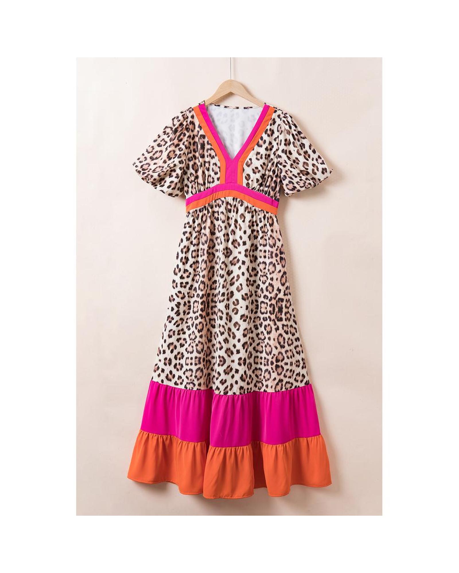 Azura Exchange Bright Pink Leopard Colorblock Patchwork Bubble Sleeve Maxi Dress - Picture 43 of 44