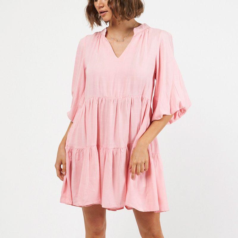 Tiered Bell Sleeve Casual Mini Dress in Textured Rayon Fabric