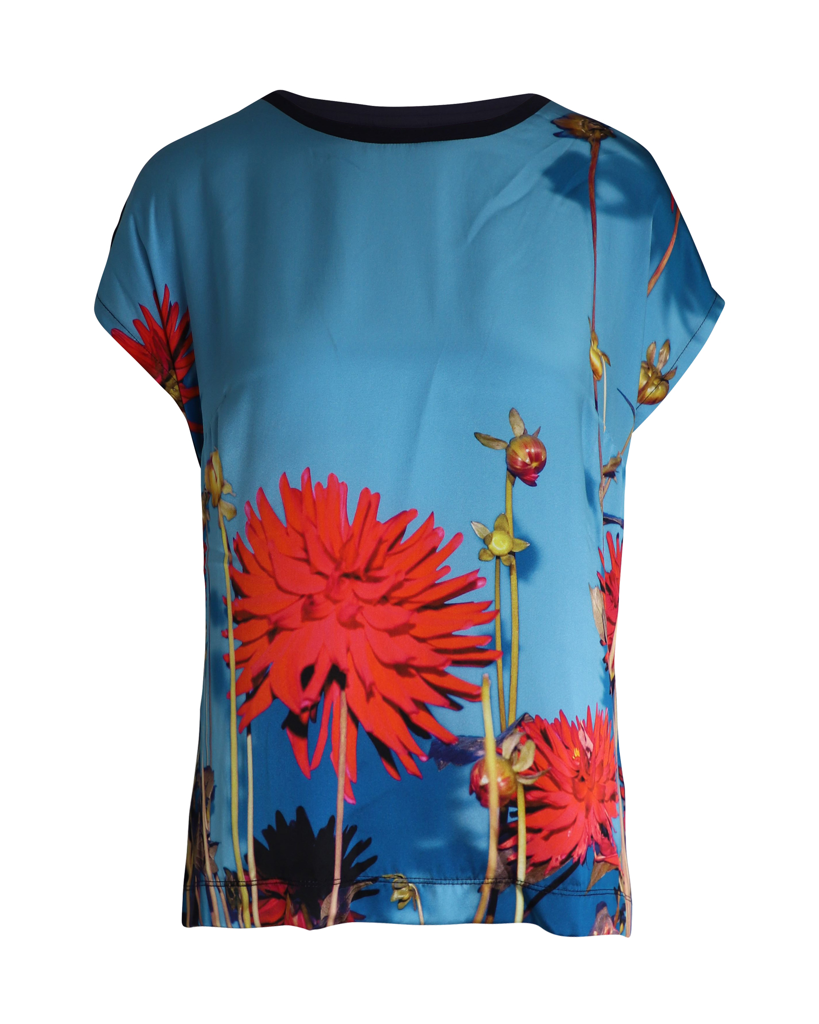 Floral-print Short-sleeve Top in Multicolor Cotton and Silk