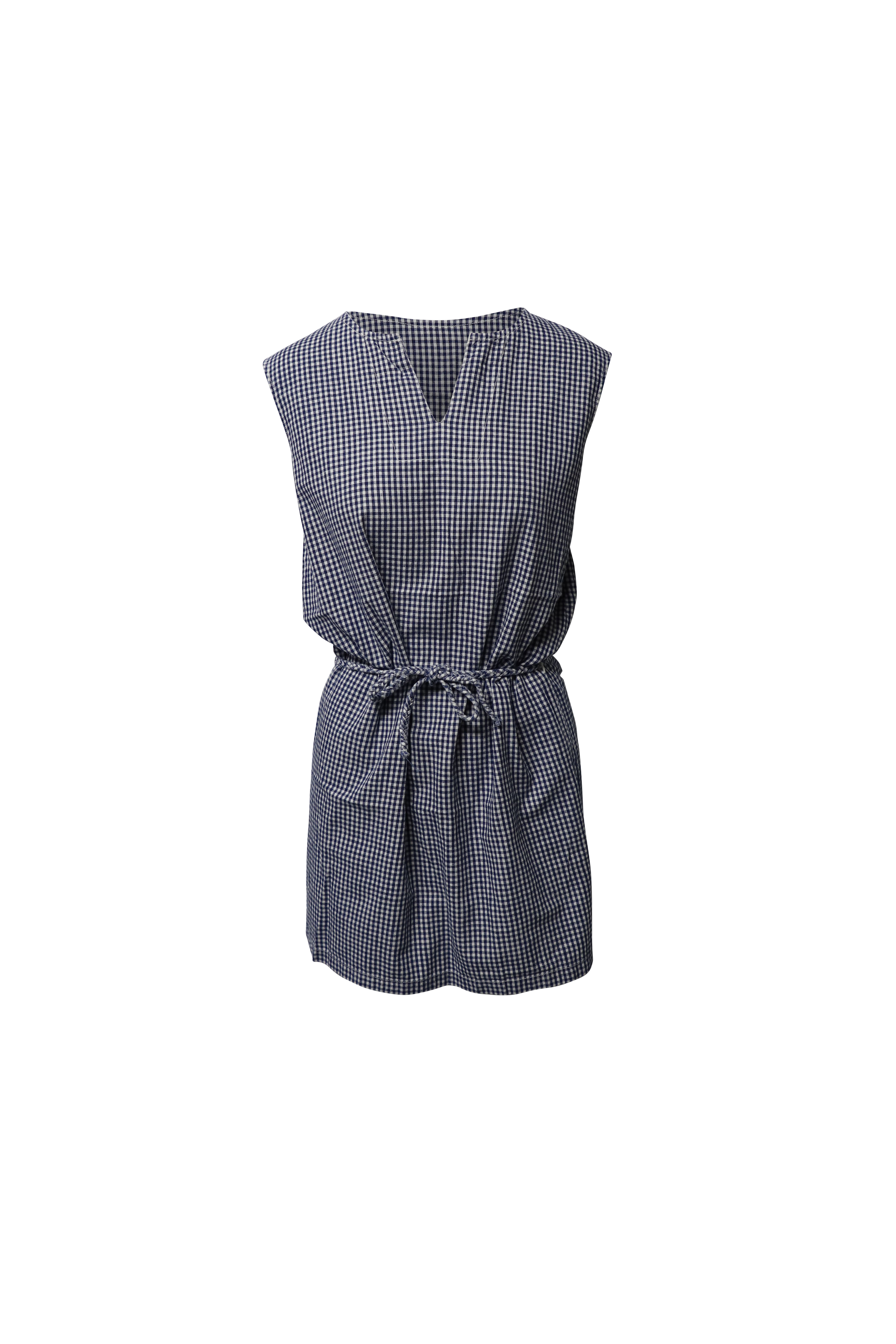 Gingham Cotton Mini Dress with V Detail and Braided Waist Tie