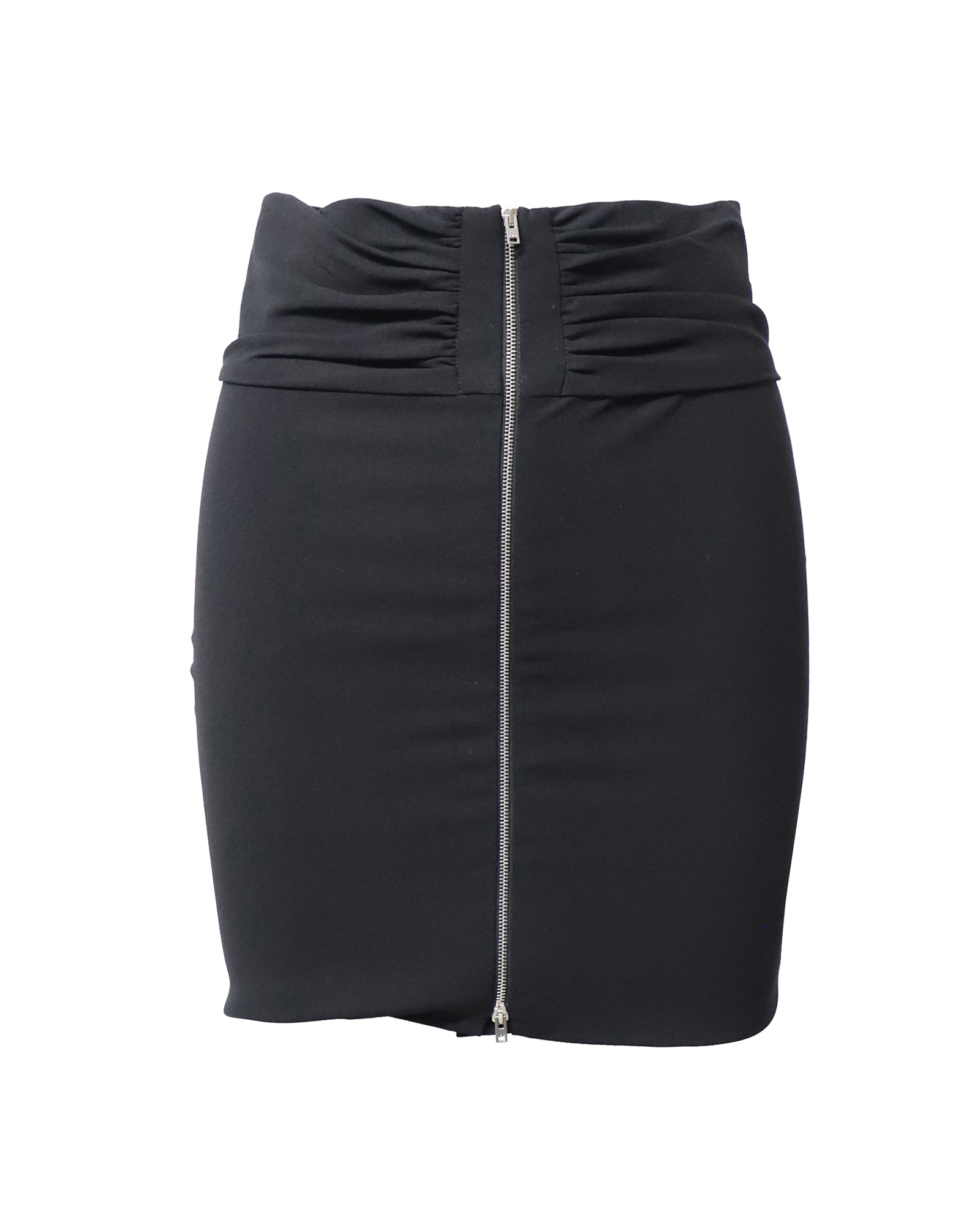 Gathered Pencil Skirt with Exposed Zipper in Black Acetate