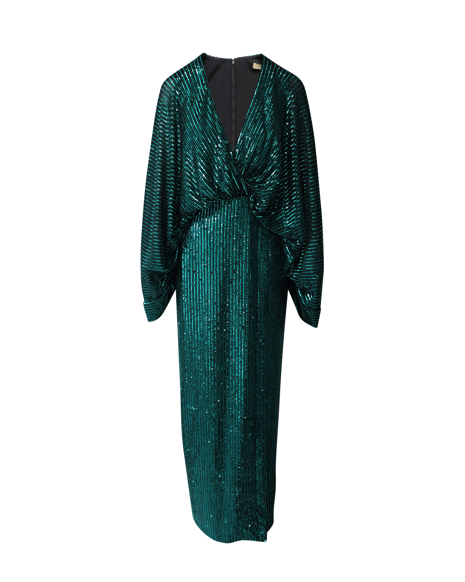 Sequined Green Gown with Cascading Sleeves and V-Neckline