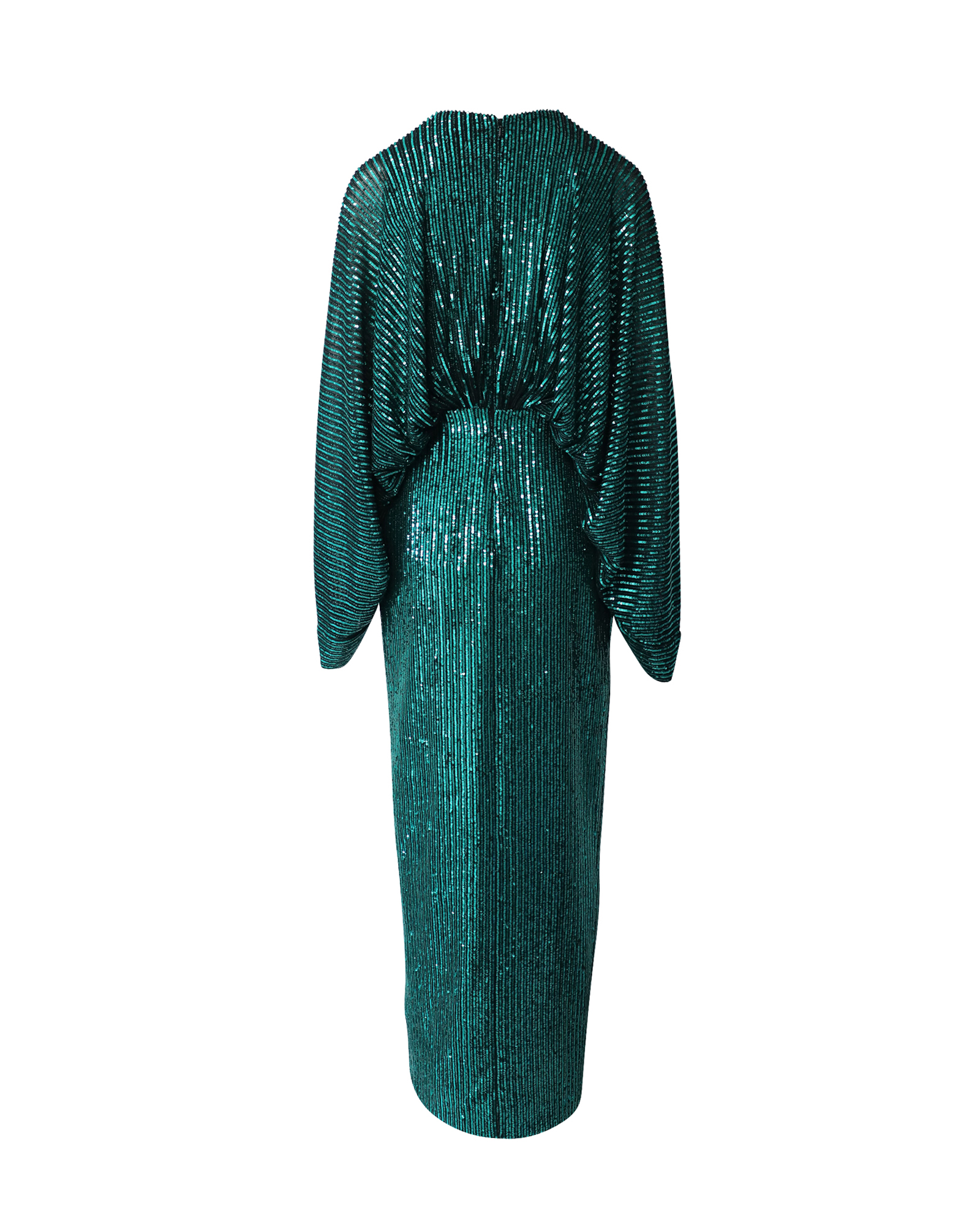 Sequined Green Gown with Cascading Sleeves and V-Neckline