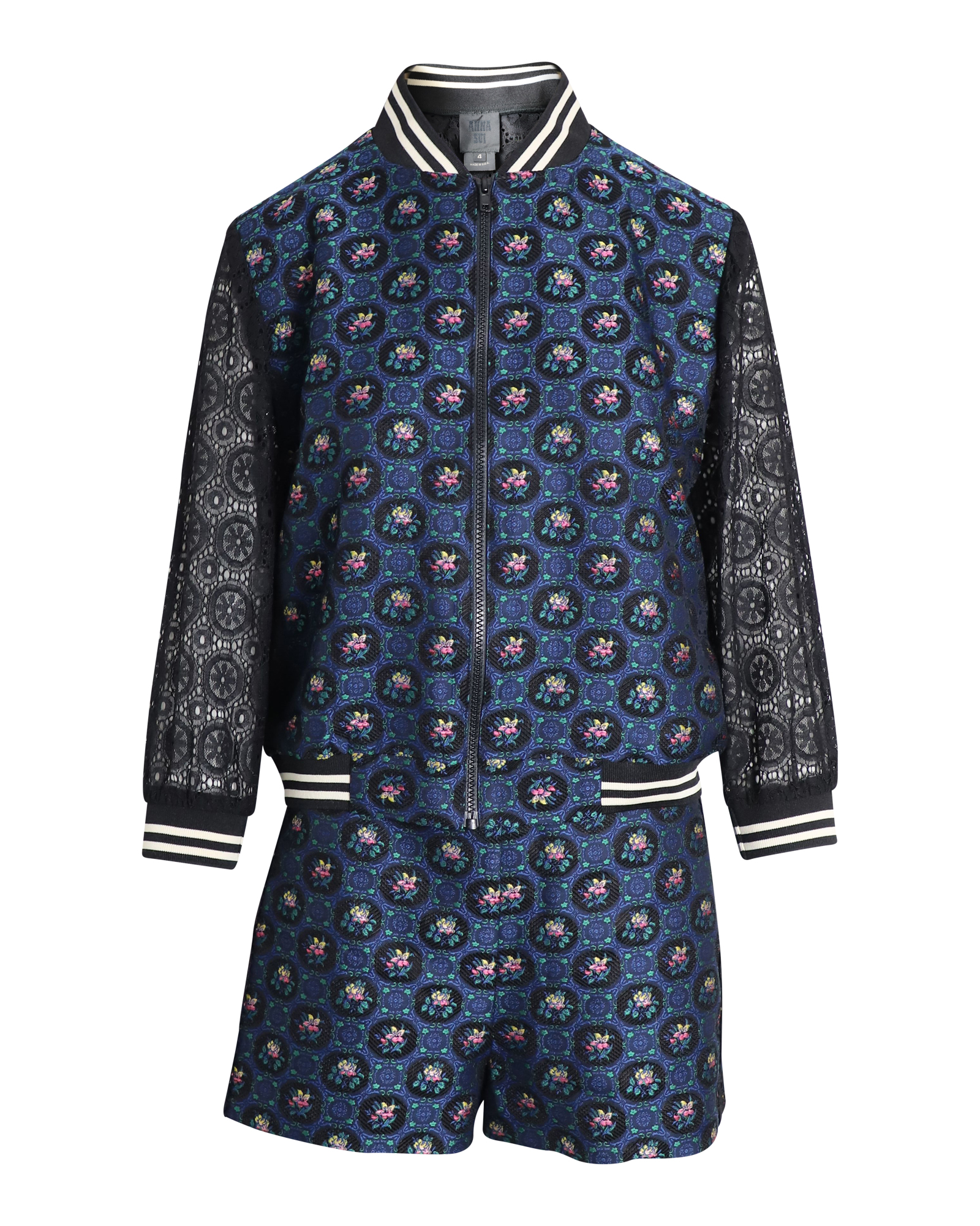 Printed Jacket and Shorts Set in Navy Blue Polyester