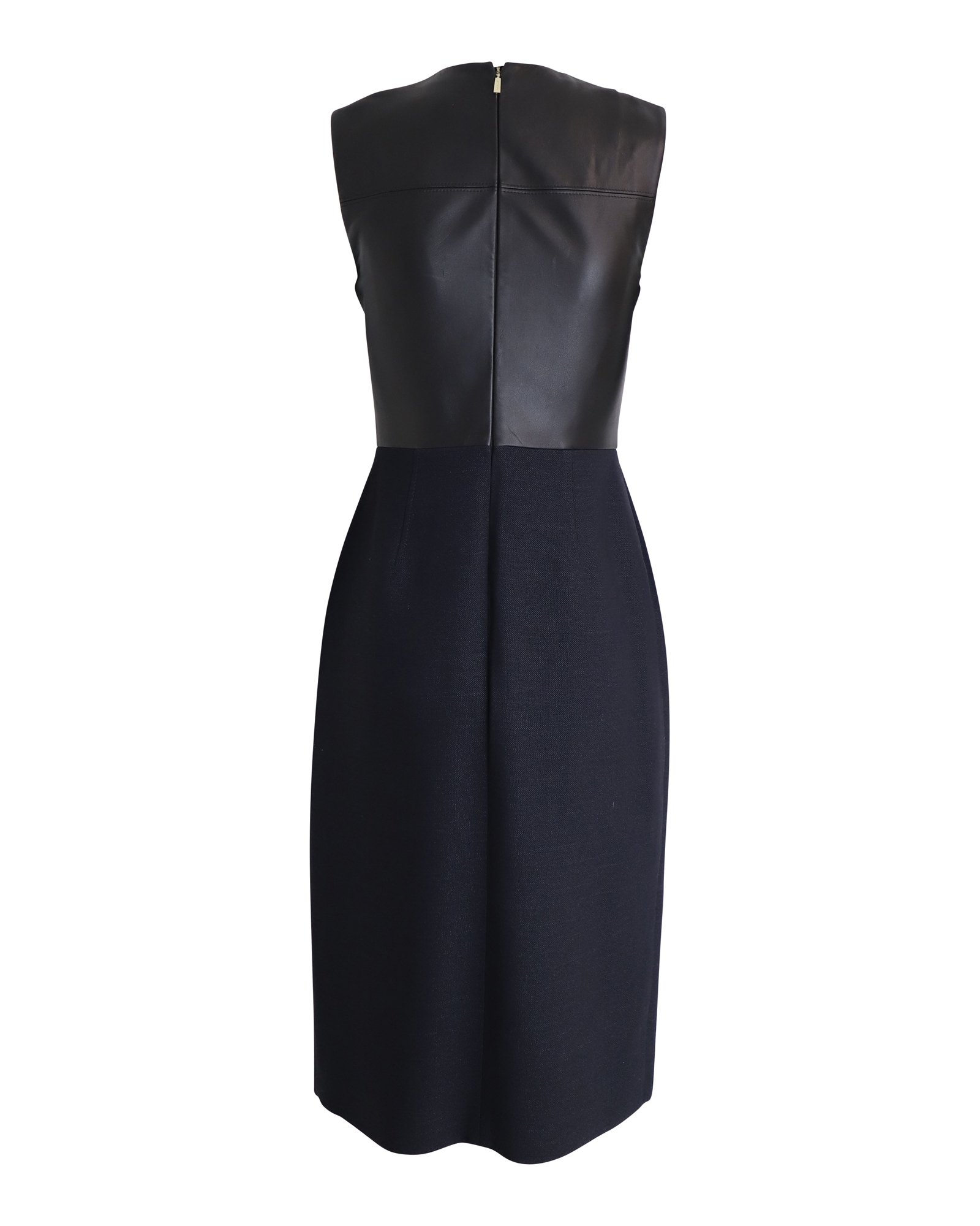 Sleeveless Midi Dress with Contrasting Leather and Wool