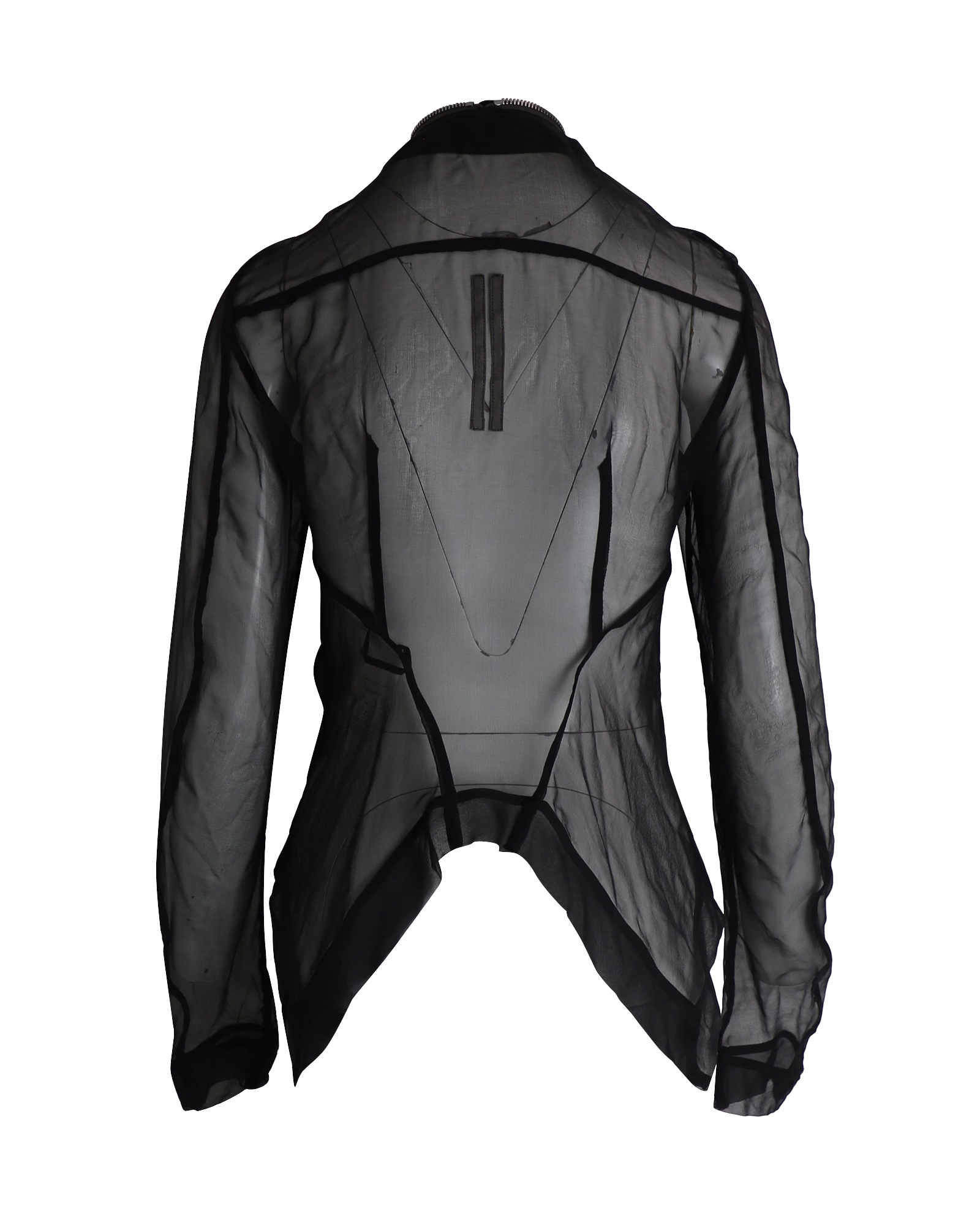 Sheer Black Silk Bomber Jacket with Front Zipper.