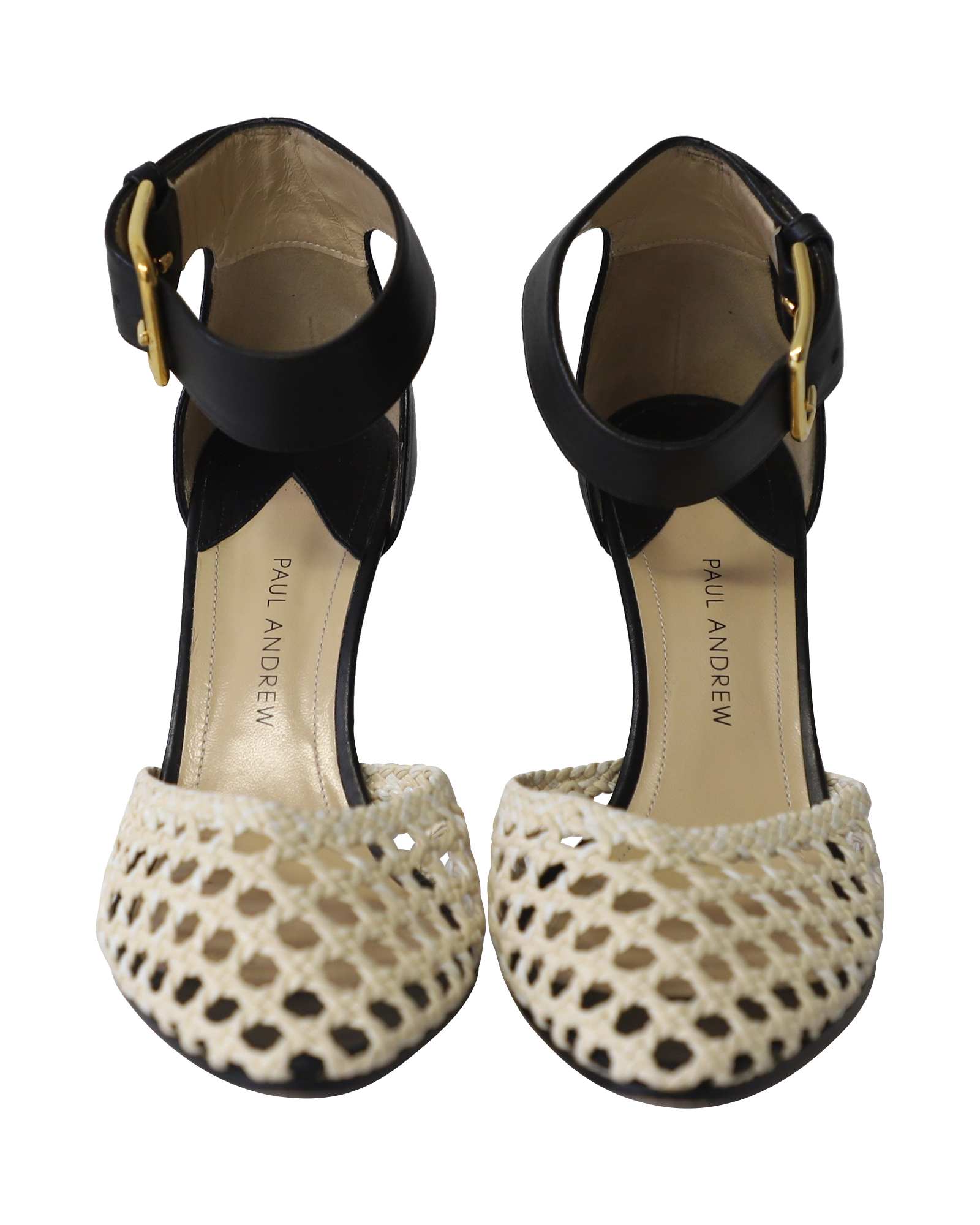 Cane Weave Heeled Sandals in Dark Chocolate and Cream Leather