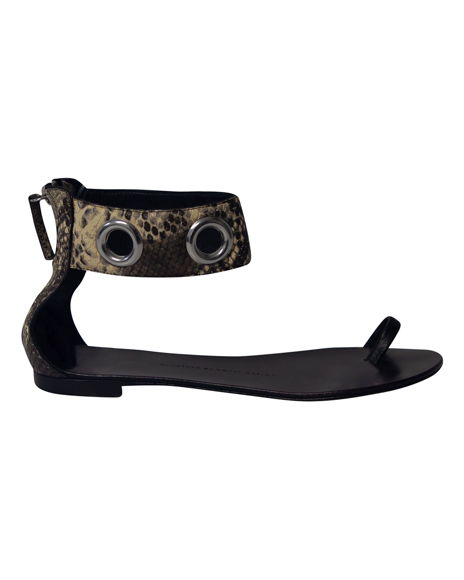 Ankle Strap Snakeskin Print Flat Sandals in Black Leather