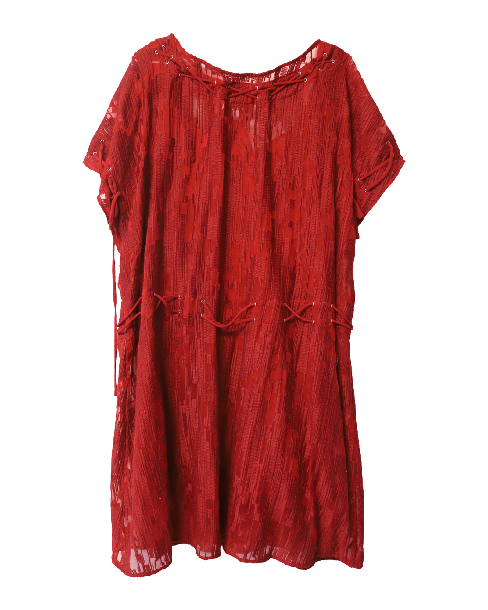 Red Lace-Up Midi Dress with V-Neck and Loose Sleeves