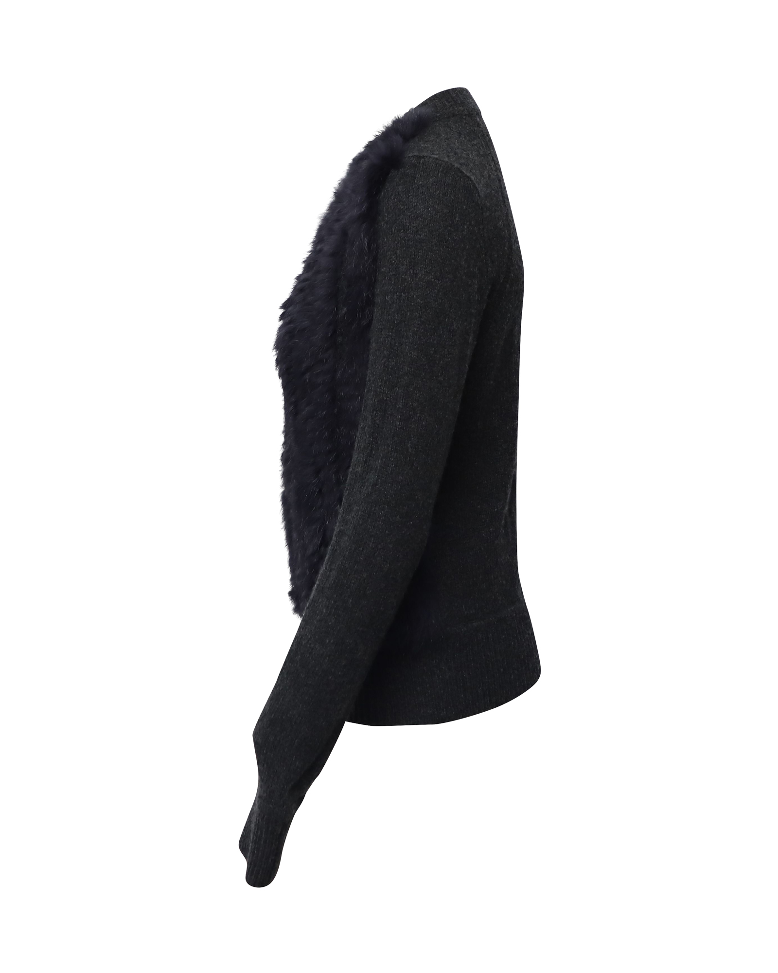 Fur Trimmed Long Sleeve Cardigan in Black Wool