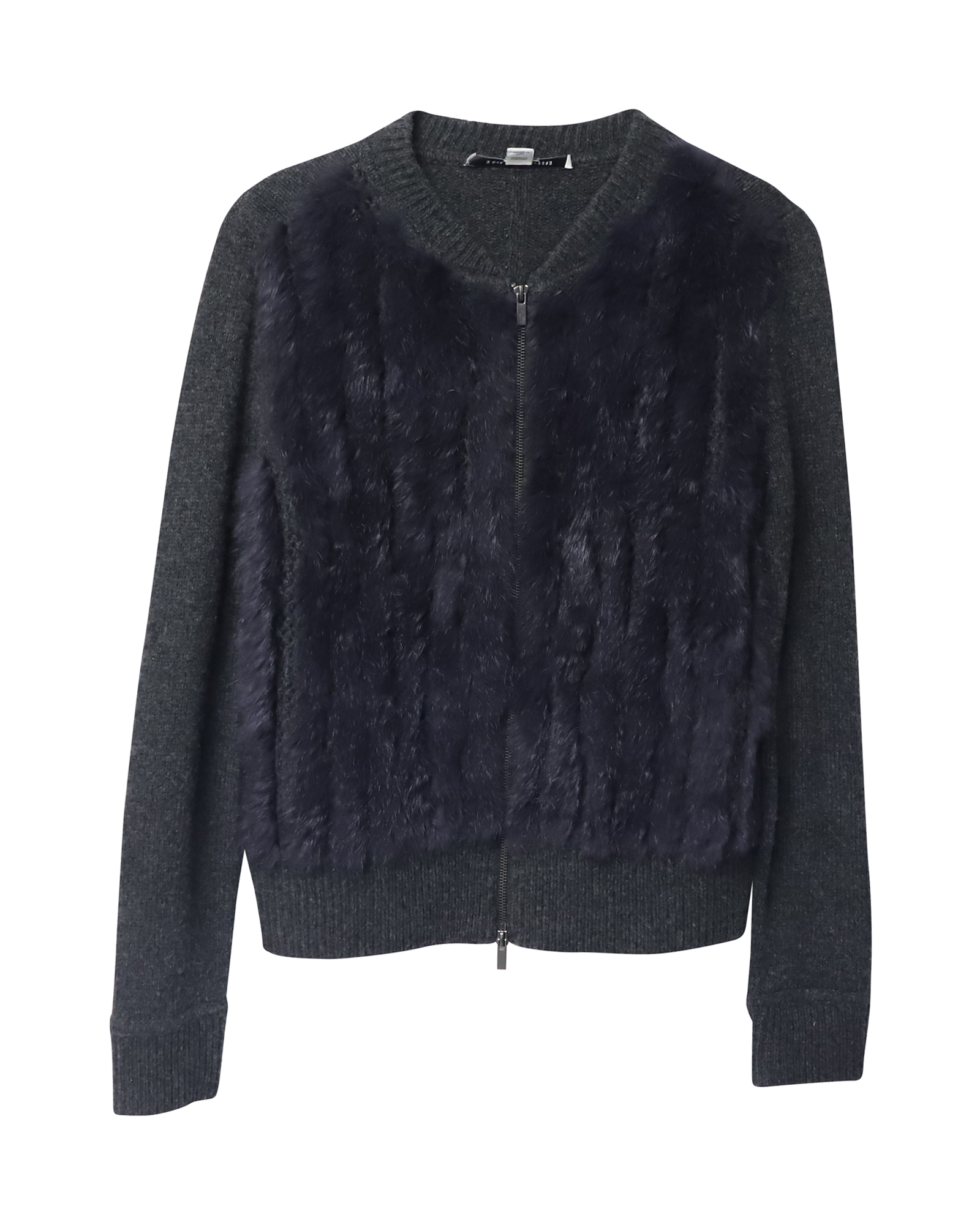 Fur Trimmed Long Sleeve Cardigan in Black Wool