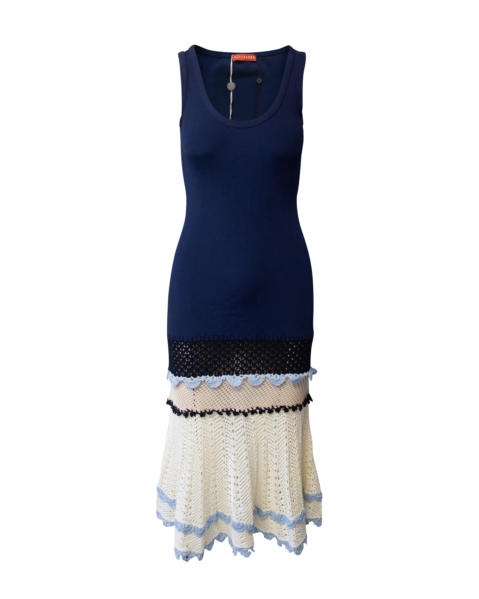 Knitted Dress with Crochet Flared Hem in Navy Blue Cotton