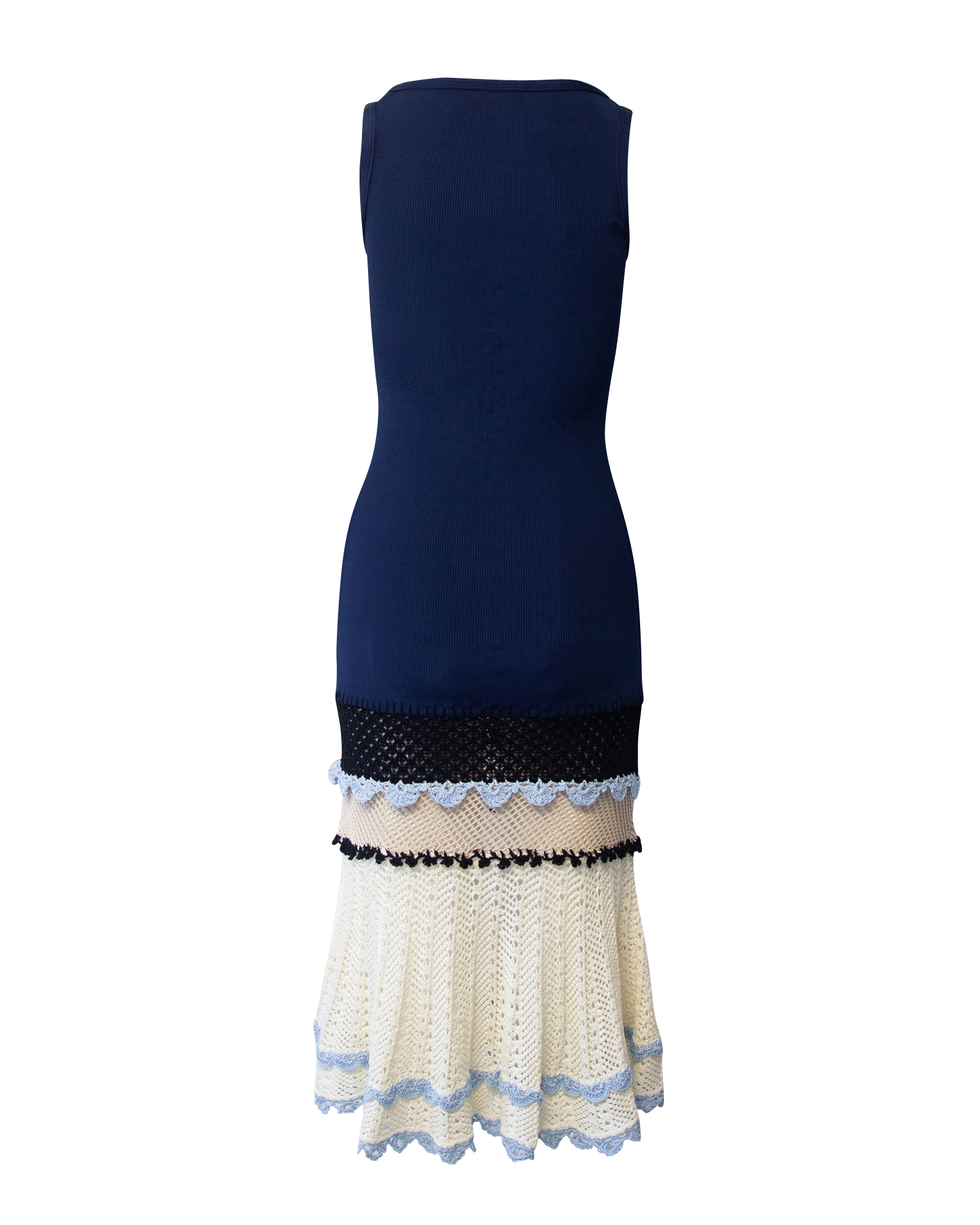 Knitted Dress with Crochet Flared Hem in Navy Blue Cotton